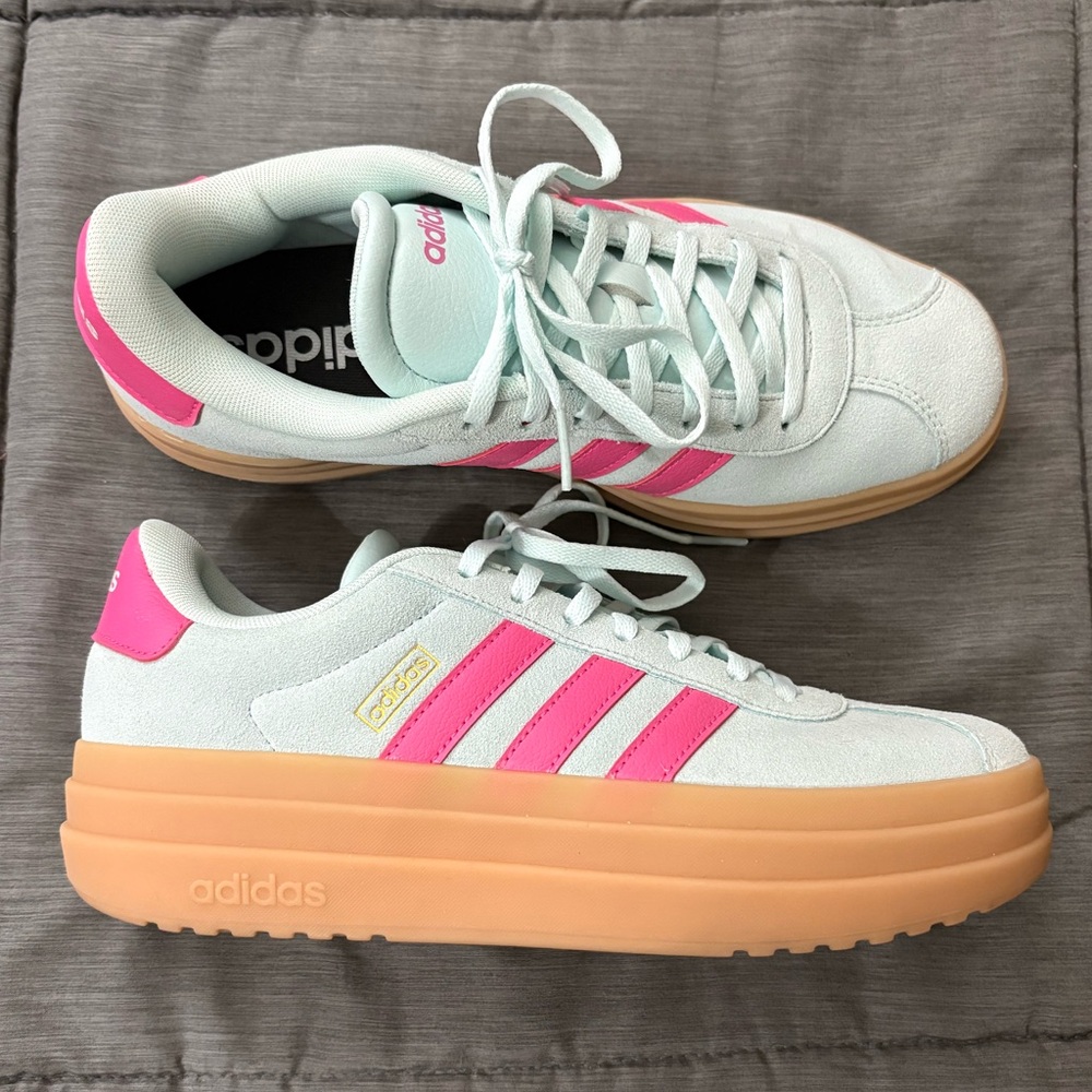 Adidas Women's VL Court Bold Sneakers, Platform Suede, Mint & Pink
